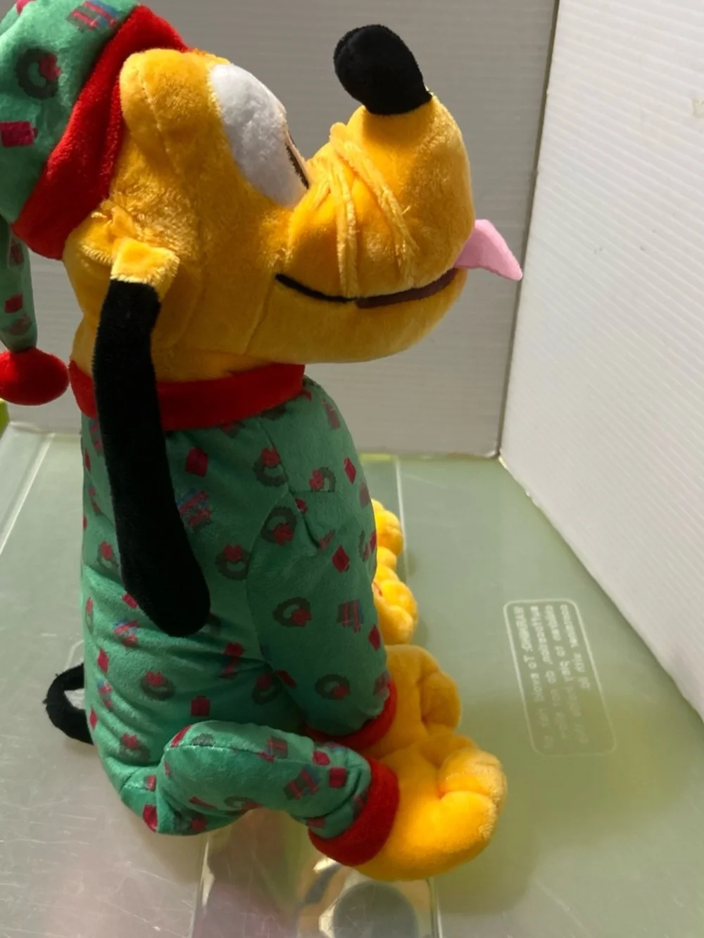 Gemmy Yellow Plush Dog in Green Holiday Pajamas with Pink Tongue